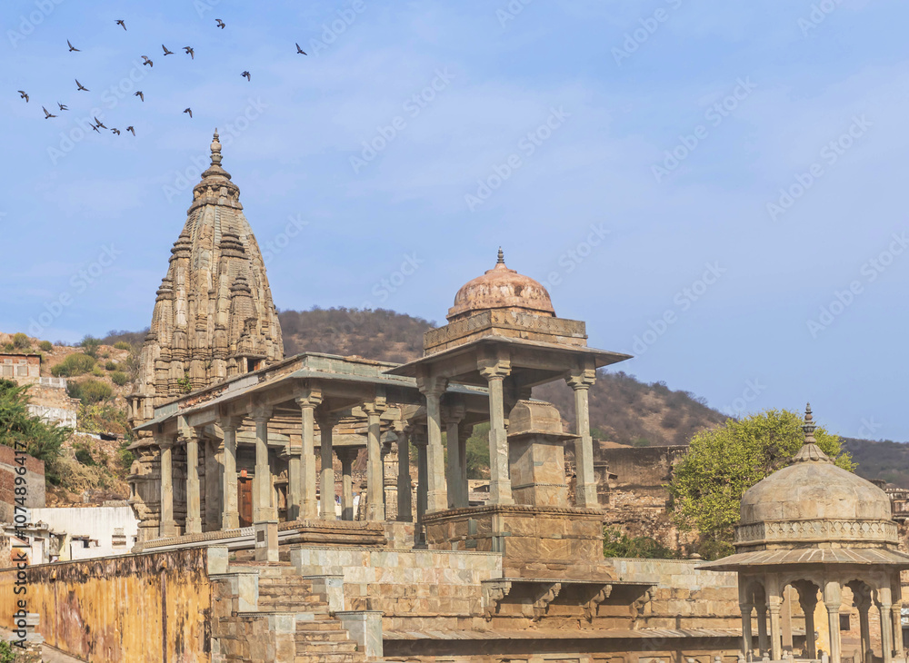 Fototapeta premium Bahari Ji Ka Mandir temple the octagonal corbelled roof of the colonnaded ruins used to be an active place of worship and had icons of Lakshmi Narayan located in Amer town ,Rajasthan, India. 