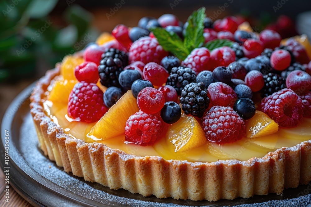 Fresh Fruit Tart with Lemon Curd Filling and Powdered Sugar