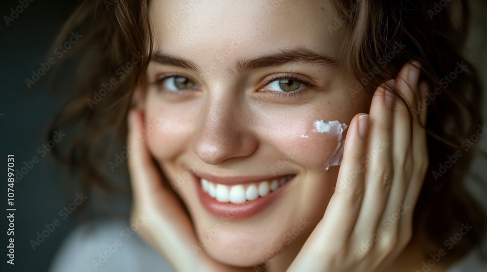 Close-up portrait of a radiant young woman with bright eyes and a warm smile, applying moisturizer to her cheek in soft, natural lighting. Close-up portrait of a radiant young woman with bright eyes and a warm smile, applying moisturizer to her cheek in soft, natural lighting.