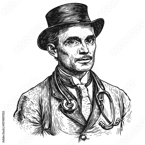 Portrait Of A Doctor 19 Century Engraving Illustration White Background Historical Artwork Medical Professional Physician Classic Depiction Medicine Healthcare