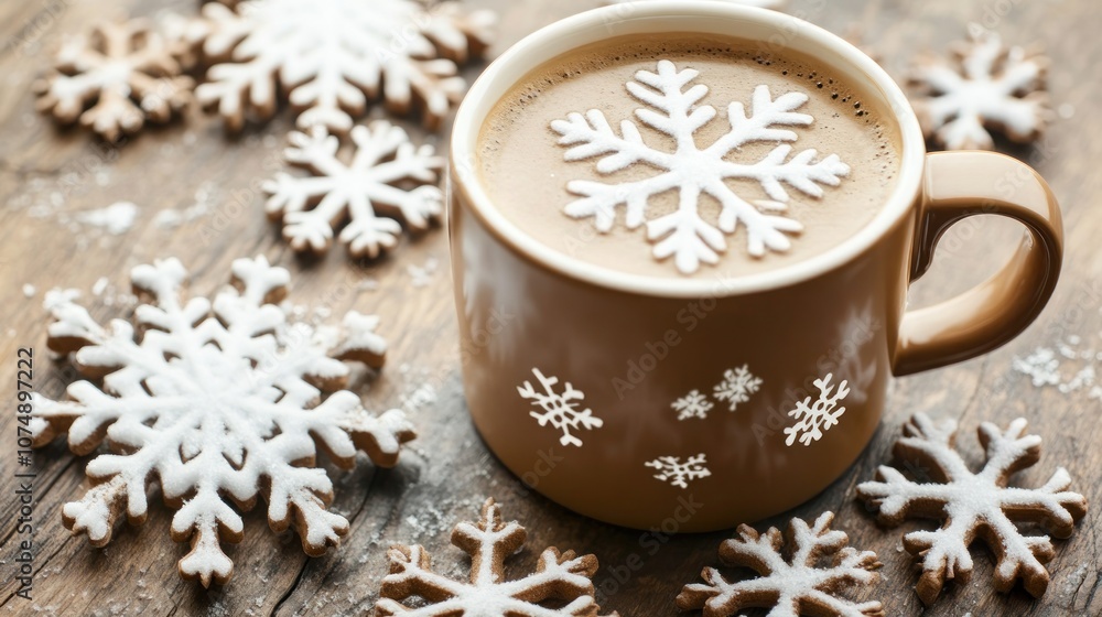 A cozy scene featuring a cup of coffee with snowflake designs and gingerbread cookies. A cozy scene featuring a cup of coffee with snowflake designs and gingerbread cookies.