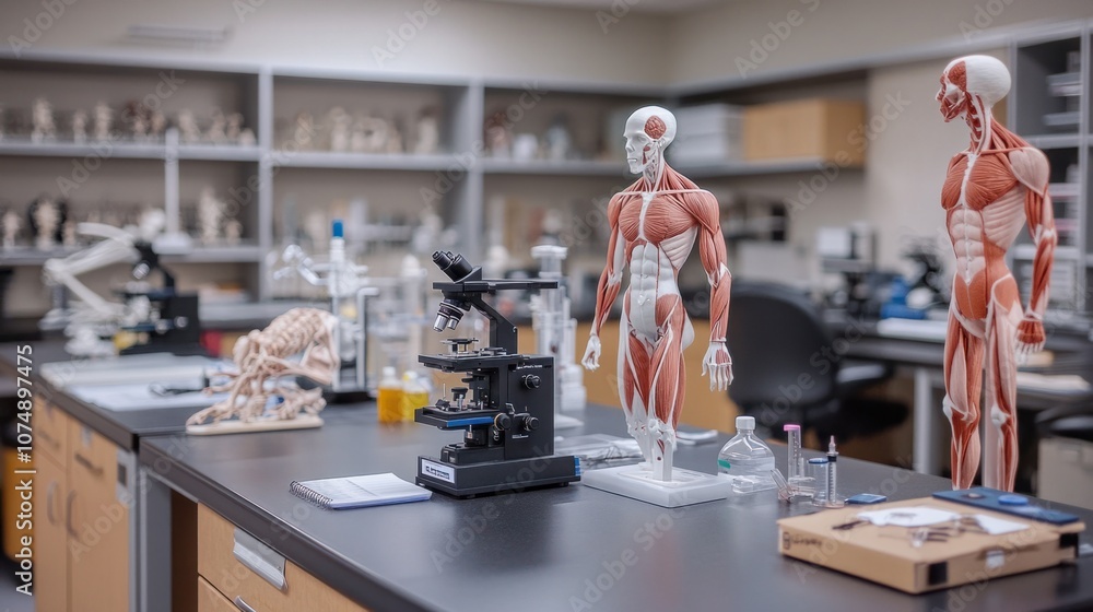 Biology lab setup with human anatomy models, microscopes, and research equipment for biological study Biology lab setup with human anatomy models, microscopes, and research equipment for biological study