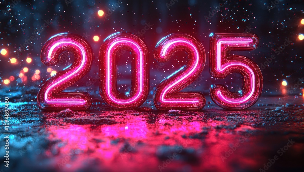 Bright neon pink 2025 numbers glowing with vibrant light effects on wet ground for a futuristic New Year celebration Generative AI Bright neon pink 2025 numbers glowing with vibrant light effects on wet ground for a futuristic New Year celebration Generative AI