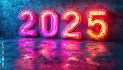 Neon pink 2025 numbers glowing on wet pavement with festive bokeh lights for a vibrant New Year celebration Generative AI