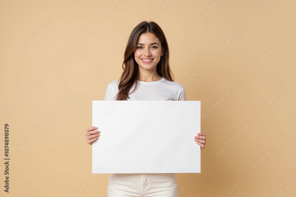 Smiling woman holding blank sign on beige background for advertising or message display Smiling woman holding blank sign on beige background for advertising or message display