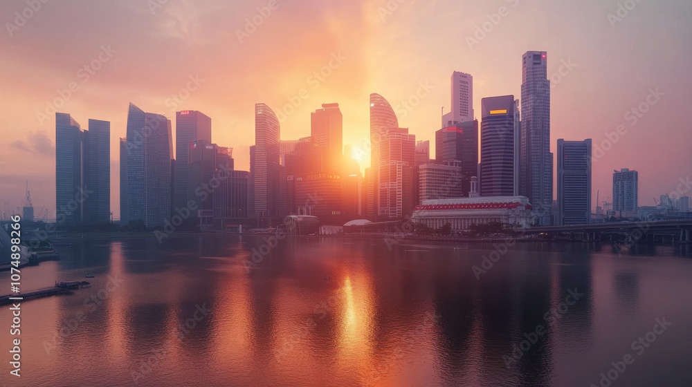 A sleek, modern vector illustration of a bustling city skyline at sunset A sleek, modern vector illustration of a bustling city skyline at sunset