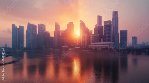 A sleek, modern vector illustration of a bustling city skyline at sunset