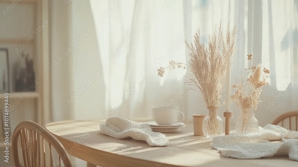 Minimalist Table Setting with Dried Flowers and a Cup of Coffee Minimalist Table Setting with Dried Flowers and a Cup of Coffee