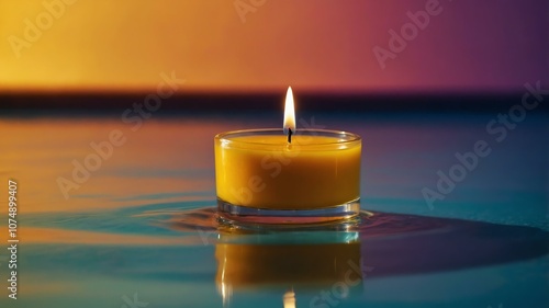 mango tealight candle floating on water with gradient and bright background