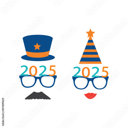 Party glasses and greetings decorated with a hat and stars, ready to be used in New Year's Eve party for 2025.