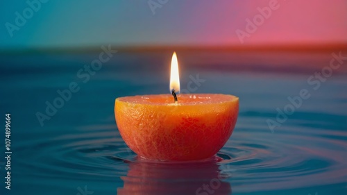 grapefruit tealight candle floating on water with gradient and bright background