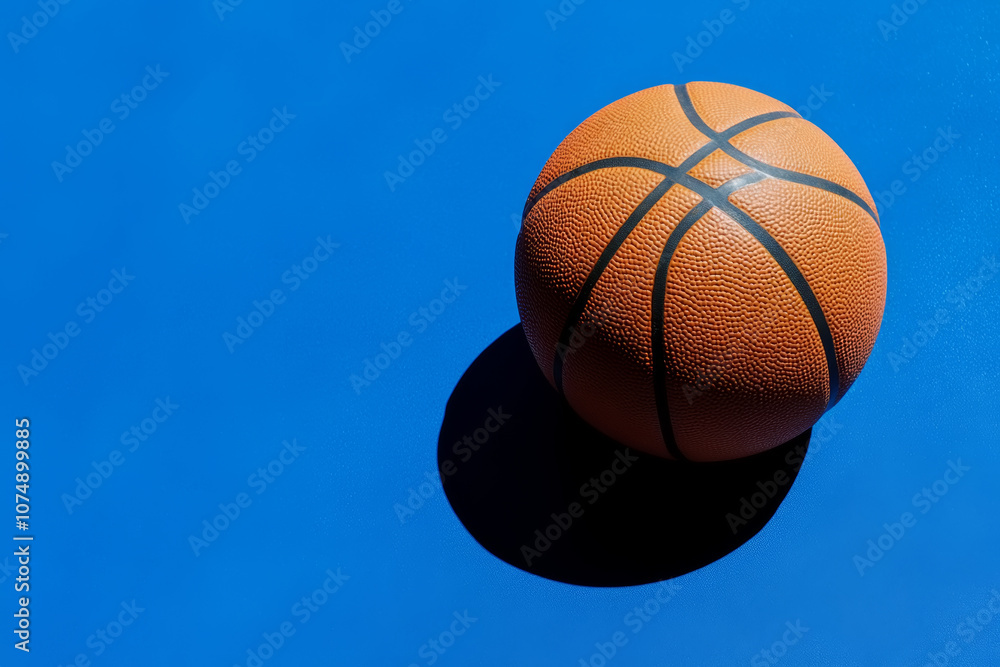A basketball resting on a vibrant blue court surface, showcasing its texture and shadow during sunny daylight A basketball resting on a vibrant blue court surface, showcasing its texture and shadow during sunny daylight