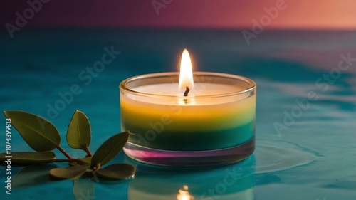 eucalyptus tealight candle floating on water with gradient and bright background