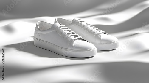 A pair of clean white leather sneakers on a white fabric background.