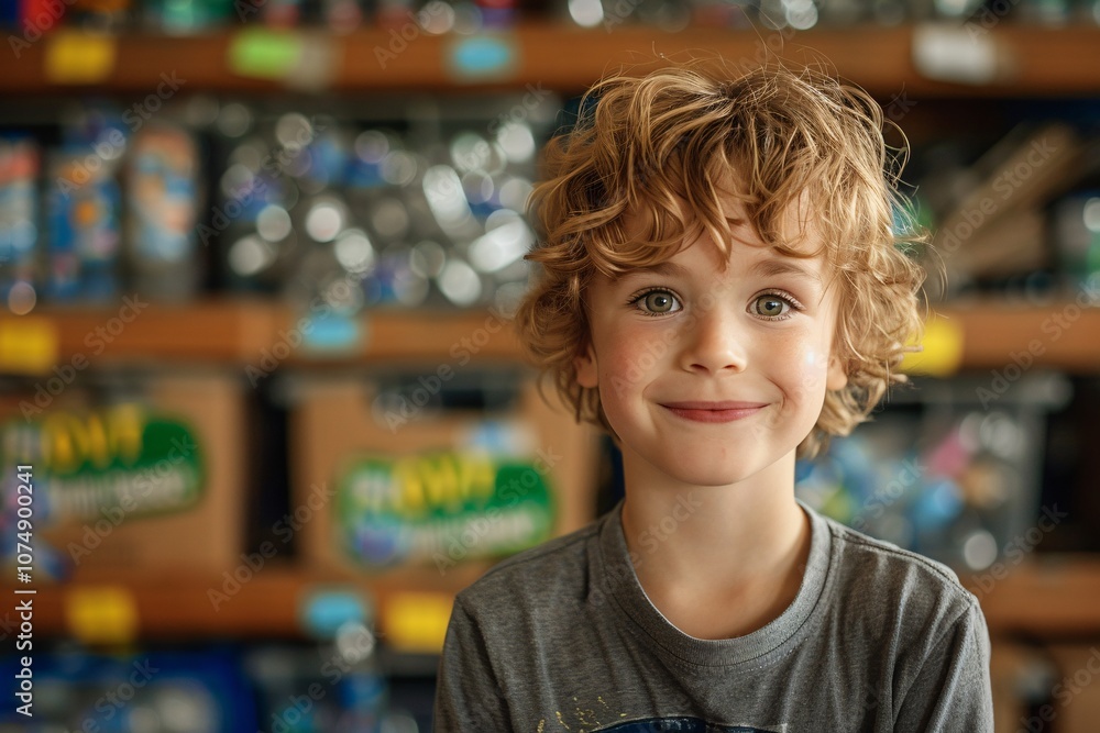 A cheerful young boy with curly hair stands in a craft store filled with vibrant supplies. The afternoon light brightens the space, creating a joyful atmosphere A cheerful young boy with curly hair stands in a craft store filled with vibrant supplies. The afternoon light brightens the space, creating a joyful atmosphere
