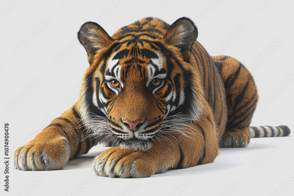 Obraz premium Realistic 3D Illustration of a Majestic Tiger Portrait, Isolated on White Background Showcasing Detailed Features and Striking Colors