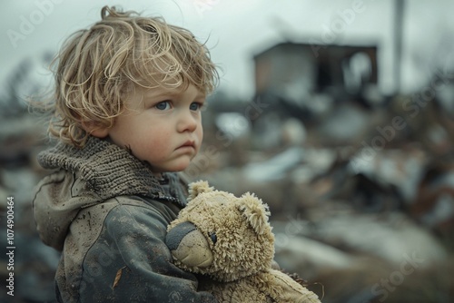 A small child with tousled hair stands amid ruins, clutching a worn teddy bear. The child expression reflects a sense of loss and vulnerability in a devastated landscape