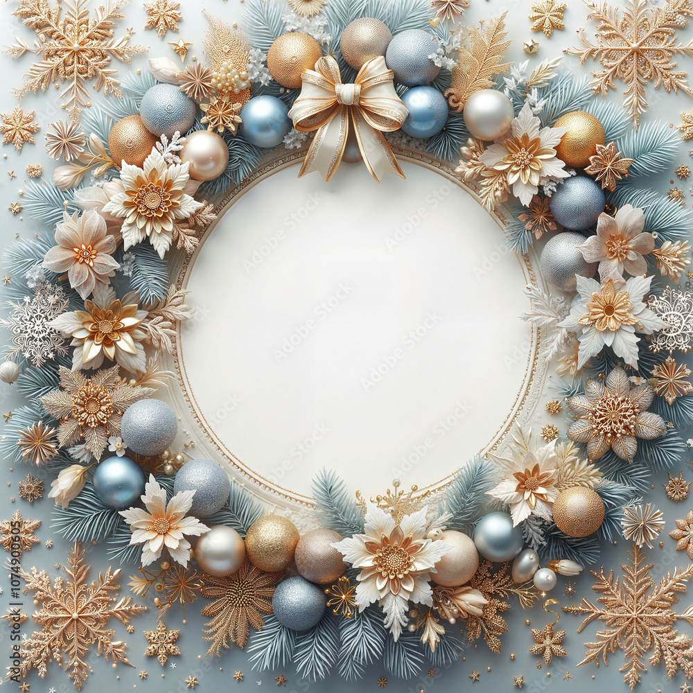 Obraz premium Christmas frame, winter frame, New Year frame, soft blue and gold snowflakes, balls and flowers bordering a copy for text, luxury and elegant 