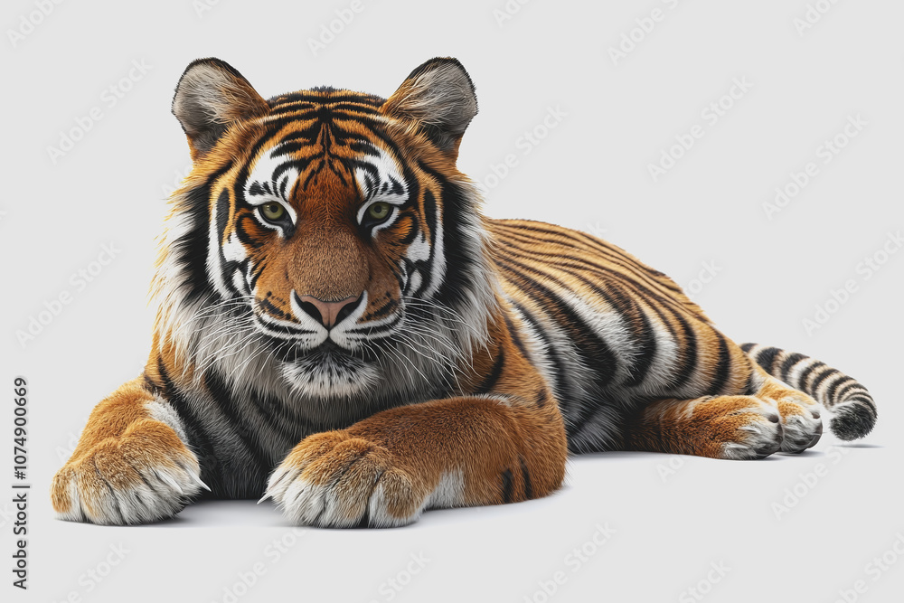 Obraz premium Stunning Tiger Portrait on White Background, Capturing the Majesty and Detail of This Iconic Animal in an Isolated for Art and Design Projects