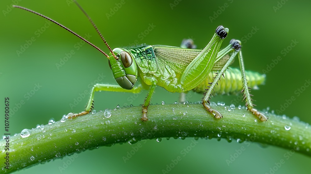 Green Grasshopper on a Dew-Covered Stem Green Grasshopper on a Dew-Covered Stem