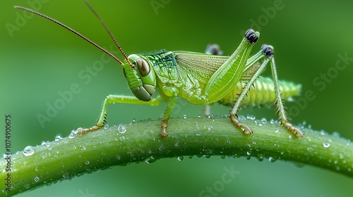 Wallpaper Mural Green Grasshopper on a Dew-Covered Stem Torontodigital.ca