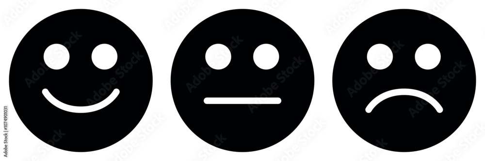 emoticon icon set, three emoji - happy, sad and neutral, symbol of smiley face, black and white vector illustration emoticon icon set, three emoji - happy, sad and neutral, symbol of smiley face, black and white vector illustration