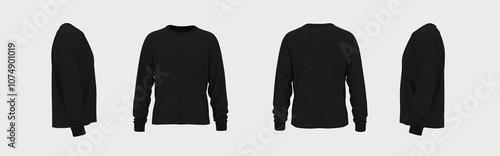 3D rendering collage of black long-sleeve sweatshirt mockups from four angles. This unisex blank template is perfect for advertising, customization, and showcasing realistic textures for e-commerce