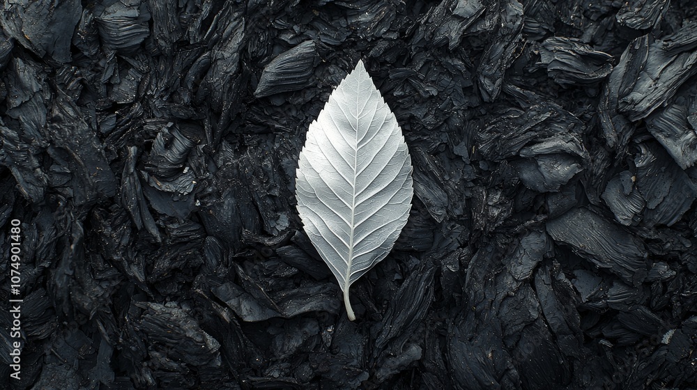 Obraz premium A single white leaf sits atop a bed of charred wood, a stark contrast of life and death.