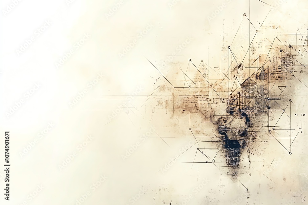 Abstract digital art with a human face, lines, and geometric shapes on a white background. Abstract digital art with a human face, lines, and geometric shapes on a white background.