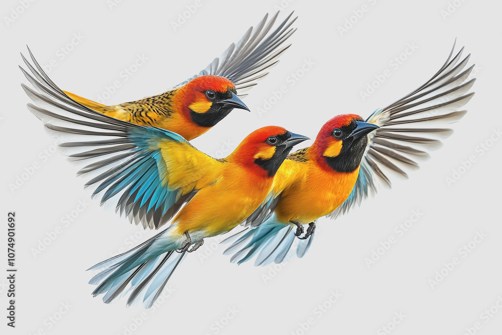 Fototapeta premium Three Colorful Birds in Flight, Captured in , Isolated Against a White Background for Use in Creative Projects