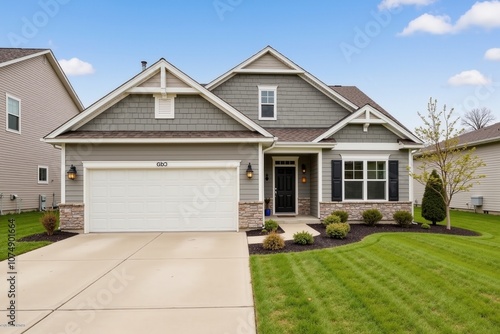 Modern suburban home with green lawn and blue sky on a sunny day