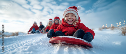 A group of joyful children sledding down a snowy hill, wearing bright red coats and knitted hats, enjoying a winter day full of fun and laughter.