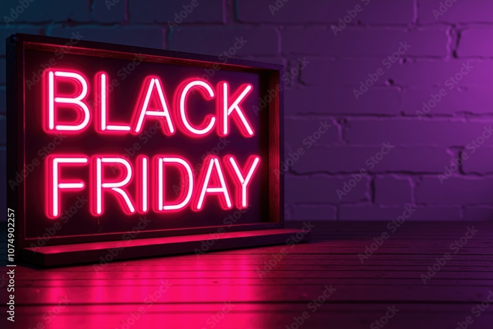 Fototapeta premium Black friday neon sign on brick wall background with purple and pink lighting