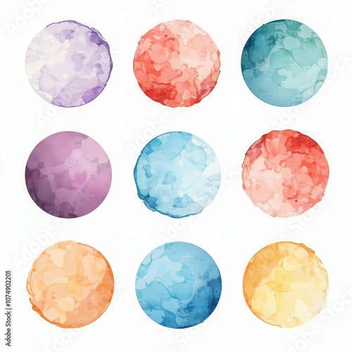 Set of watercolor circles in various colors on a white background photo