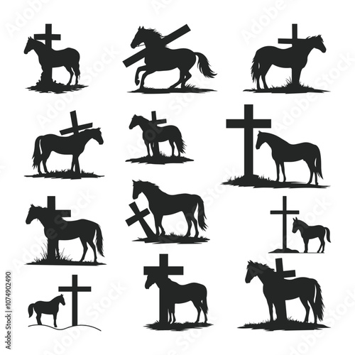 Cowboy with Horse Kneeling Praying at Memorial Cross SVG Vector Silhouette