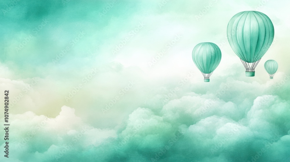 Obraz premium Three teal hot air balloons float serenely above a sea of fluffy clouds, AI
