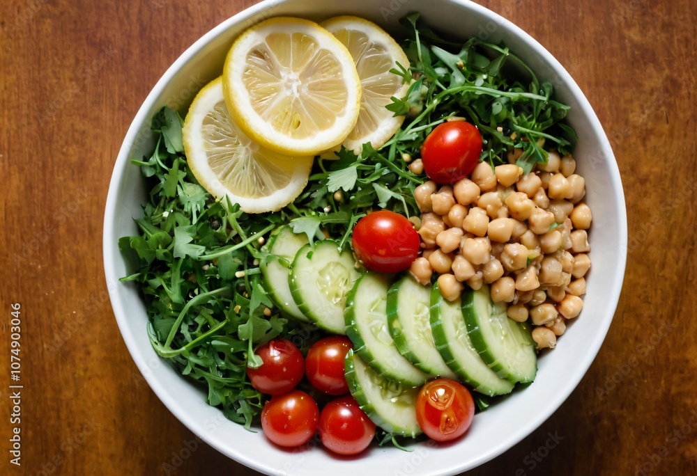 Top view of a quinoa salad bowl with diced cucumber, cherry tomatoes, chickpeas, and arugula, dressed with olive oil and lemon, for a healthy and vibrant meal. Ai generated image. Top view of a quinoa salad bowl with diced cucumber, cherry tomatoes, chickpeas, and arugula, dressed with olive oil and lemon, for a healthy and vibrant meal. Ai generated image.