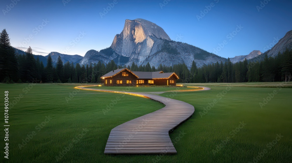 Fototapeta premium A serene wooden cabin nestled in a lush green valley, surrounded by majestic mountains under a clear blue sky.
