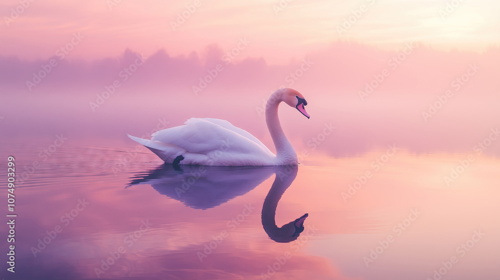 Fototapeta premium graceful white swan gliding serenely on still water under a pink and purple sunset sky. Its reflection creates a peaceful, dreamy effect. The scene evokes tranquility and natural beauty