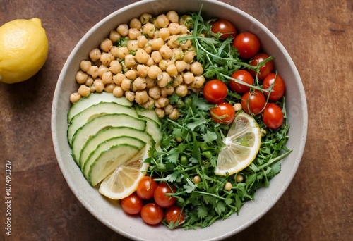 Top view of a quinoa salad bowl with diced cucumber, cherry tomatoes, chickpeas, and arugula, dressed with olive oil and lemon, for a healthy and vibrant meal. Ai generated image.