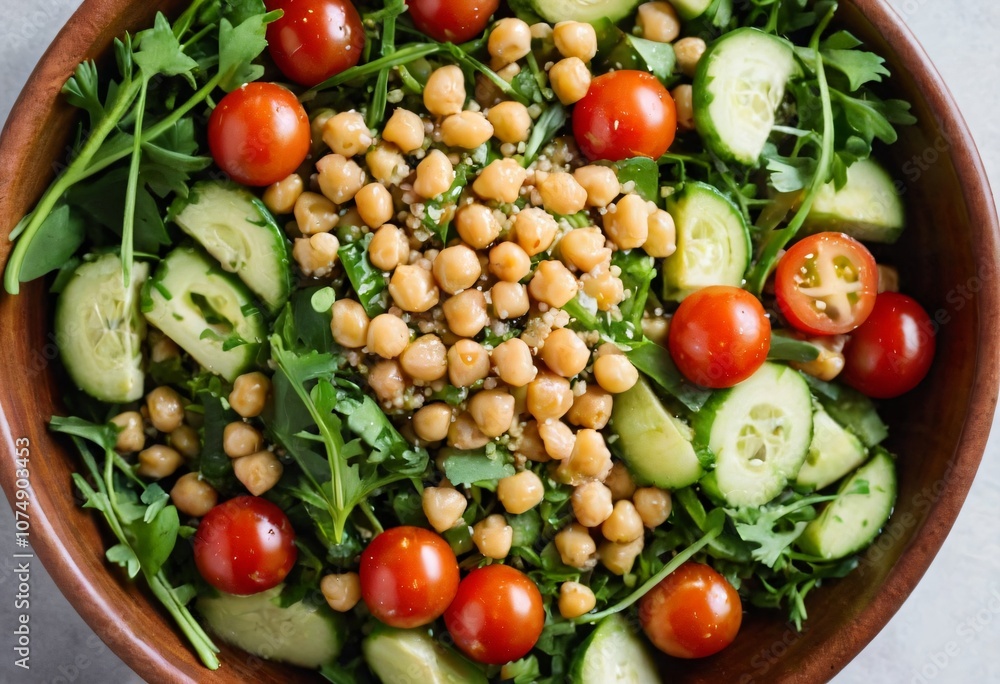Top view of a quinoa salad bowl with diced cucumber, cherry tomatoes, chickpeas, and arugula, dressed with olive oil and lemon, for a healthy and vibrant meal. Ai generated image. Top view of a quinoa salad bowl with diced cucumber, cherry tomatoes, chickpeas, and arugula, dressed with olive oil and lemon, for a healthy and vibrant meal. Ai generated image.