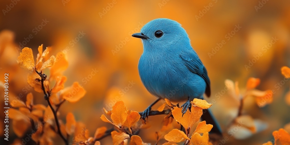 Fototapeta premium A vibrant blue bird perched gracefully on branches with autumn-colored leaves, creating a striking contrast in the natural environment scene