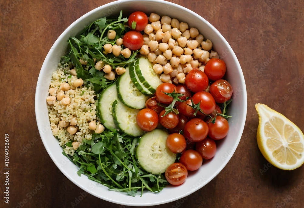 Top view of a quinoa salad bowl with diced cucumber, cherry tomatoes, chickpeas, and arugula, dressed with olive oil and lemon, for a healthy and vibrant meal. Ai generated image. Top view of a quinoa salad bowl with diced cucumber, cherry tomatoes, chickpeas, and arugula, dressed with olive oil and lemon, for a healthy and vibrant meal. Ai generated image.