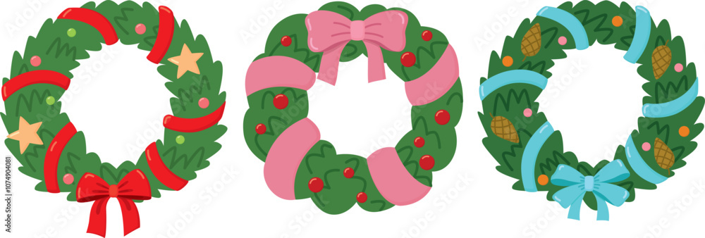 Set of Christmas wreaths with ribbons and decorations. New year's cute decorative objects Set of Christmas wreaths with ribbons and decorations. New year's cute decorative objects
