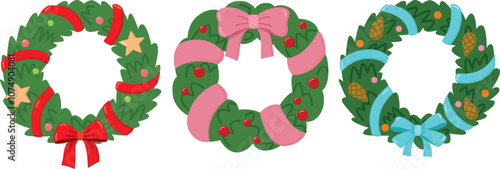 Set of Christmas wreaths with ribbons and decorations. New year's cute decorative objects