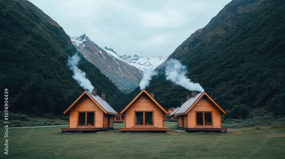 Three cozy wooden cabins amidst a lush green valley, surrounded by mountains with smoke rising from chimneys under a cloudy sky. Three cozy wooden cabins amidst a lush green valley, surrounded by mountains with smoke rising from chimneys under a cloudy sky.