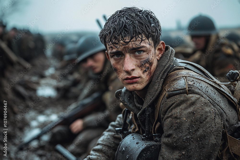 Fototapeta premium Young soldier in muddy trench during battle in winter conditions