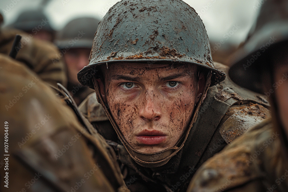 Close-up of a soldier's intense expression during a battle scene Close-up of a soldier's intense expression during a battle scene