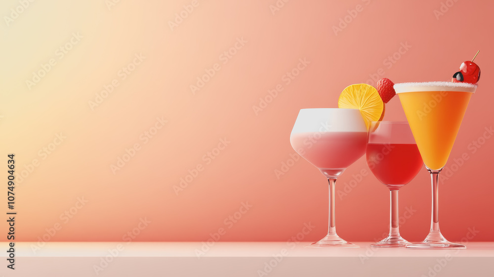 Vibrant and Colorful Cocktails Displayed on a Smooth Gradient Background with Refreshing Ingredients for Craft Cocktail Enthusiasts Vibrant and Colorful Cocktails Displayed on a Smooth Gradient Background with Refreshing Ingredients for Craft Cocktail Enthusiasts