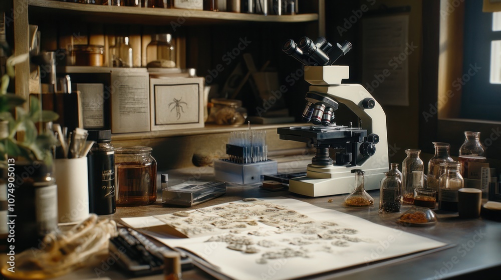 Biology lab with microscope, biological slides, and specimen samples under examination Biology lab with microscope, biological slides, and specimen samples under examination